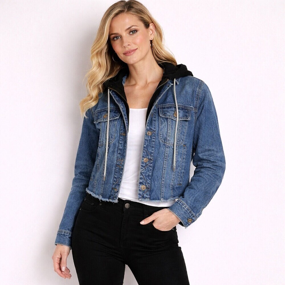 CENTRAL PARK WEST Women's XS Blue denim FANNING Removable Hood Jacket jeans